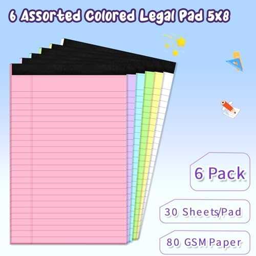 6 pcs Note Pads Legal Pads 5x8, Notebook College Ruled, Colored Notepads