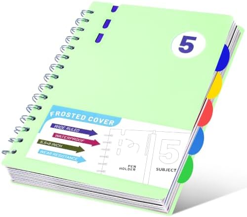 Spiral Notebook with Dividers & Tabs ,5 Subject Notebook,5x7,Green