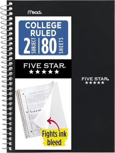 Five Star Spiral Notebook, 2 Subject, College Ruled Paper, 6" x 9-1/2", 80 Sheets, Fights Ink Bleed, Water Resistant Cover, Black (840029AA2-ECM), (Pack of 12)