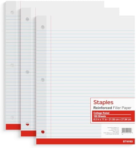 Staples College Ruled Filler Paper, 8.5" x 11", 100 Sheets/Pack, 3/Pack