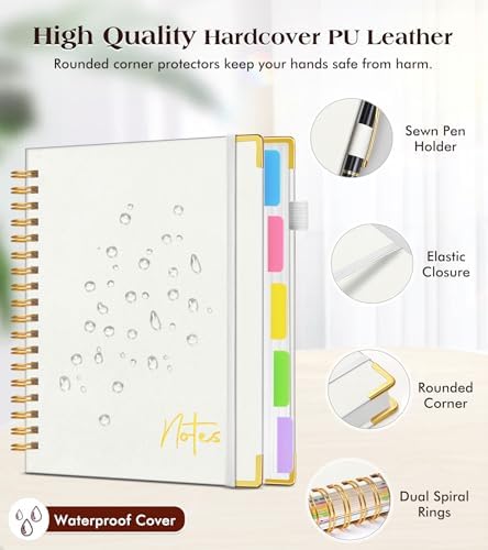 5 Subject Graph Paper Notebook with Removable Dividers Tabs, 300 Pages Hardcover Leather Grid Spiral Journal, 8"x10" B5 Large Graphing Notebooks for Women Men Work School College Engineering, White