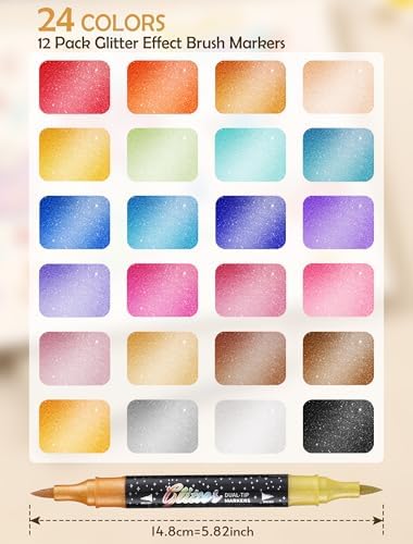 24 Colors 12 Pack Glitter Markers Pens Sparkle Markers Dual Brush Tip