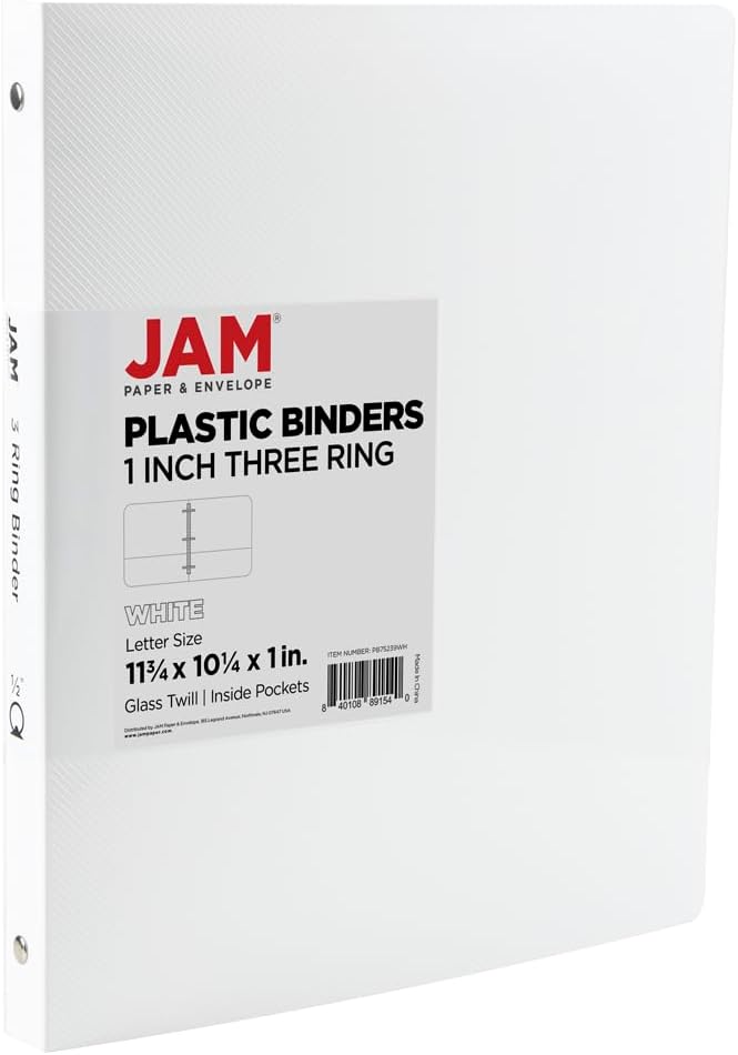 JAM PAPER Plastic 0.5 inch Binder - White 3 Ring Binder - Sold Individually