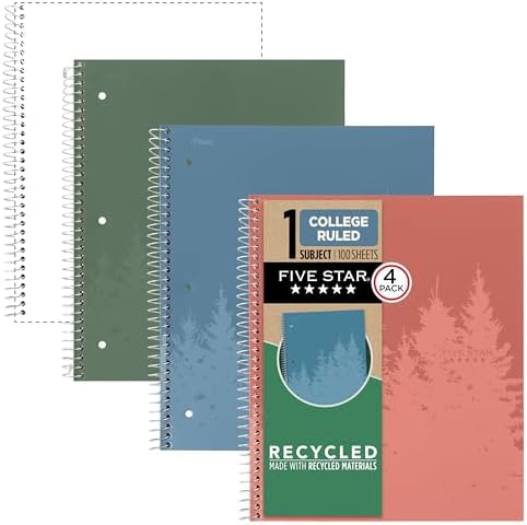 Five Star Spiral Notebook + Study App, 4 Pack, 1 Subject, Recycled College Ruled Paper, 8-1/2" x 11", 100 Sheets, Fights Ink Bleed, Includes 3 Colors + 1 Randomly Selected Color (820046-ECM24)