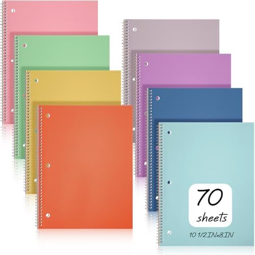 Teling 8 Pcs 1 Subject Spiral Notebook for Work College Ruled 8 x 10 1/2 Inch Spiral Journal Notebook 3 Hole Punched Paper Tear Line 70 Sheets Office School Study Supplies(Cute Color,8 Pcs)