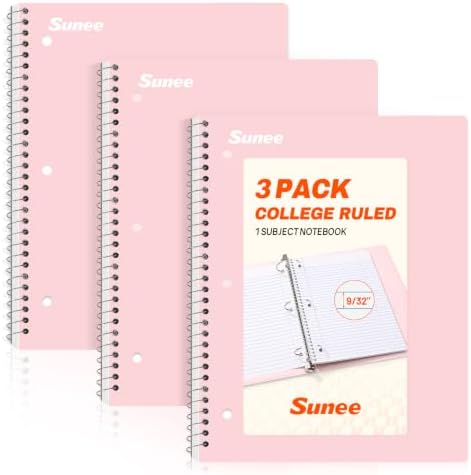SUNEE Spiral Notebooks, 3 Pack, 1-Subject, College Ruled Paper, 8" x 10-1/2", 70 Sheets per Notebook, Pink