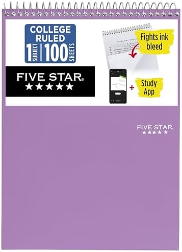 Five Star Top Spiral Notebook + Study App, 1 Subject, College Ruled Notepad, 8-1/2" x 11", 100 Sheets, Fights Ink Bleed, Water Resistant Cover, Amethyst Purple (820058B-ECM)