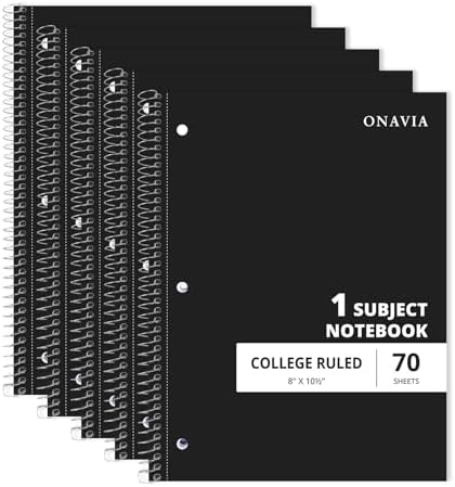ONAVIA 1 Subject Spiral Notebook College Ruled 5 Pack, 140 Pages, Black