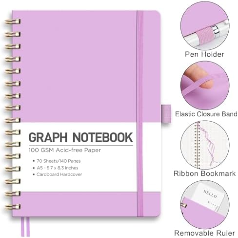 RETTACY Graph Grid Paper Notebook, 140 Pages, A5 Size (5.7'' x 8.3'')