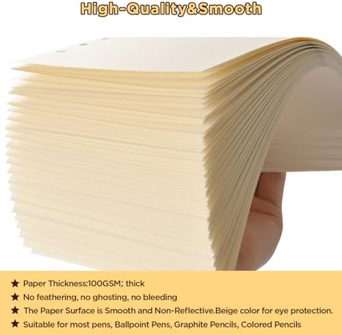 Beige A5 6-Hole Blank Loose Leaf Refill Paper-Fits A5 6-Ring Binder, 100GSM Thick No Bleed-through Sheets, Double Sided Writing for Fountain Pen & Gel Pen(2 Pack)