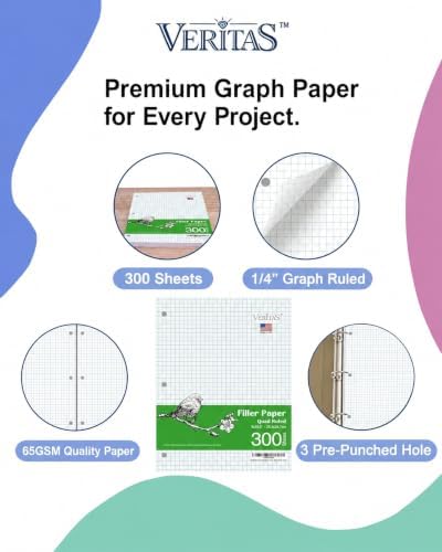 WritePads Graph Paper Loose Leaf Paper, 300 Sheets, 8 x 10.5 Inch 4x4 Quad Ruled Graphing Paper, 3 Hole Punched Filler Notebook Paper for 3 Ring Binders, 65 GSM, Made in USA