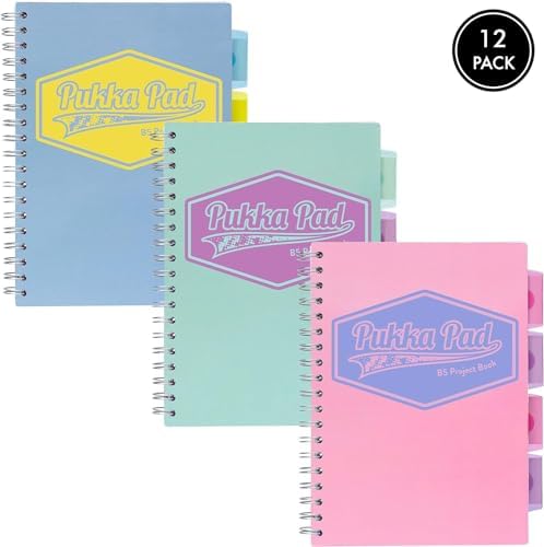 Pukka Pad 5 Subject Spiral Notebook 12-Pack - 200 Pages, 100 Sheets of 80GSM Paper with Repositionable Dividers & Perforated Edges for School & Office Planning & Organization - B5-7 X 10, Pastel