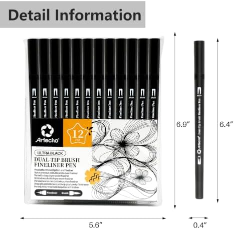 Artecho 12pcs Black Colors Dual Tip Markers for Drawing