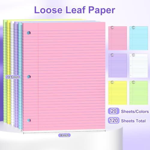 120 Sheets Loose Leaf Paper College Ruled, 8x10.5 Colored Notebook Paper