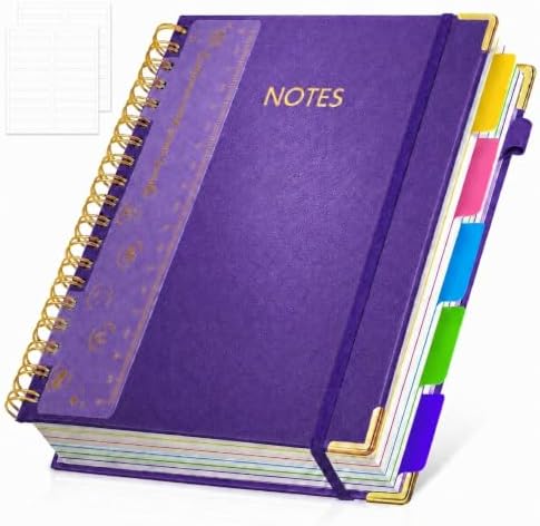 Hardcover Spiral Notebook Journal, 8"x10" Large B5 Notebooks with Removable Dividers Tabs, 300 Pages Leather 5 Subject Notebook College Ruled, Lined Journal for Women Work School Note, Dark Purple