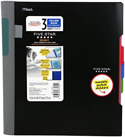 Five Star Advance Spiral Notebook, 3 Subject, College Ruled Paper, 150 Sheets, 11" x 8-1/2", Color Selected For You (06324)