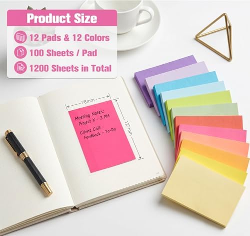 Agoer Large Sticky Notes,1200 Sheets Memo Pads,3 x 5 in Bright Colored Note Pads,Clean Removal Super Self-Stick Notes,12 Colors Notepads,Pastel Ruled Post Stickies for Office,Home,School Supplies
