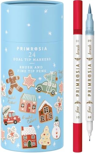 Primrosia 24 Dual Tip Marker Pens – Christmas Sugar Cookie Limited Edition Gift Pack. Pastel & Holiday Colours for Coloring, Journaling, Card Making, Tags & Creative Projects. Brush & Fine Tips