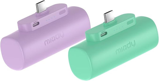 Miady 2-Pack 5000mAh Mini Portable Charger with Built-in Type C Connector, USB-C Output Charging Small Power Bank, Ultra-Compact Battery Pack Compatible with iPhone 17/16 (Lake Green+Clove Purple)