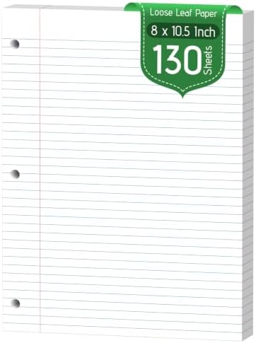 120 Sheets White Loose Leaf Paper, 8 x 10.5 In College Ruled Filler Paper