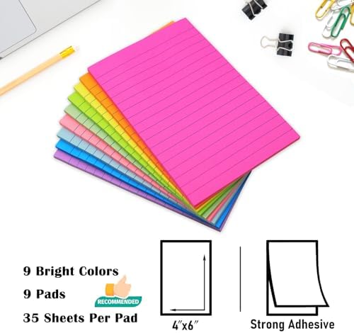 27 Pack Lined Sticky Notes 4x6 in Post Sticky Notes with Lines, 9 Bright Colors Self Sticky Notes Pad Its, Large Ruled Sticky Note for Office, Home, 35 Sheets/Pad