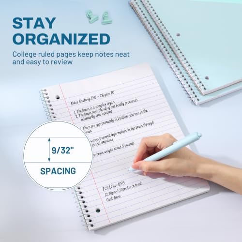 SUNEE Spiral Notebooks, 3 Pack, 1-Subject, College Ruled Paper, 8" x 10-1/2", 70 Sheets per Notebook, Blue