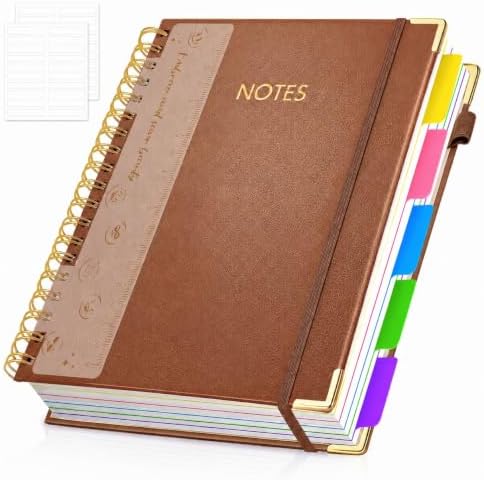 Hardcover Spiral Notebook Journal, 8"x10" Large B5 Notebooks with Removable Dividers Tabs, 300 Pages Leather 5 Subject Notebook College Ruled, Lined Journal for Women Work School Note Taking, Brown
