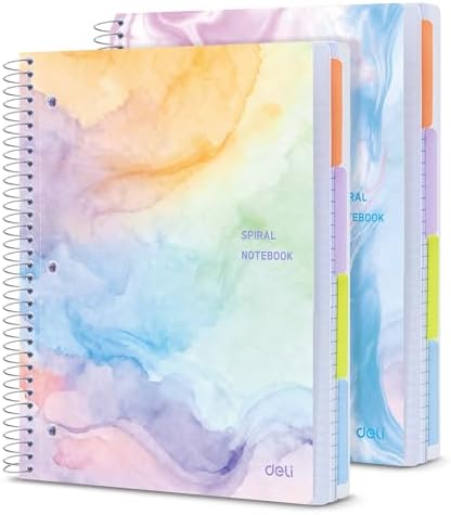 deli 2 Pack 5 Subject Spiral Notebook, College Ruled 8.5"x11", 400 Pages Total (200 Sheets), Plastic Dividers with Pockets, 3 Hole Punch, PP Waterproof Cover, Gold Coil Binding