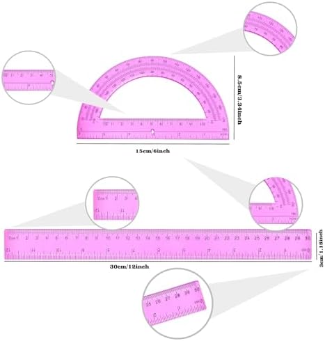 2 Packs 12 Inch Plastic Ruler and 6 Inch Plastic Protractor Set Clear Math Geometry Set Classroom Set Angle Detector School Supplies Classroom Ruler Home Office Drawings (Pink)