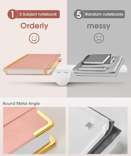 Hardcover Spiral Notebook 8.5"x11" Journal with Removable Dividers Tabs, 300 Pages Leather 5 Subject Notebook College Ruled, Large A4 Notebooks for Work School, Lined Journal for Women, A4 Pink