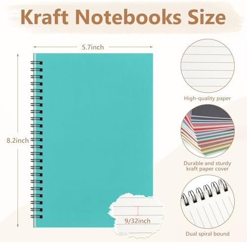 Fuutreo 12 Pcs Spiral Notebook for Work A5 8.3 x 5.7 Inch College Ruled Spiral Journal Notebook Kraft Cover Ruled Paper, 12 Color, 60 Sheets, 120 Pages for Office School(Artistic Color,Classic)