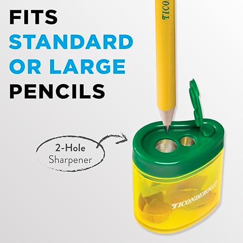 Ticonderoga Two-Hole Manual Pencil Sharpener for Standard and Beginner Pencils, Yellow/Green, 2" x 2" x 1.25", German-Engineered, 1 Count