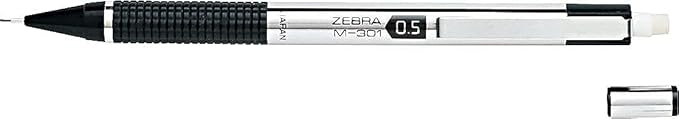 Zebra M-301 Mechanical Pencils 0.5mm, Standard Stainless Steel HB Lead Pencil, 6 Pack with 15 Bonus Eraser Refills