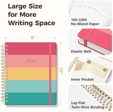 Hardcover Spiral Notebook Journal for Women & Men, Cute 5 Subject Notebook College Ruled for School & Work, Journaling Notebooks with Removable Dividers Tabs, 8" x 10", 300 Pages, Happy Stripes