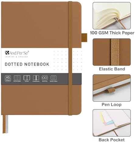 &And Per Se Dotted Journal Notebook – A5 Hardcover, 160 Pages 100gsm Paper, Dot Grid Notebook for Planning & Creative Journaling, 3 Sticker Sheets Included (Light Brown)