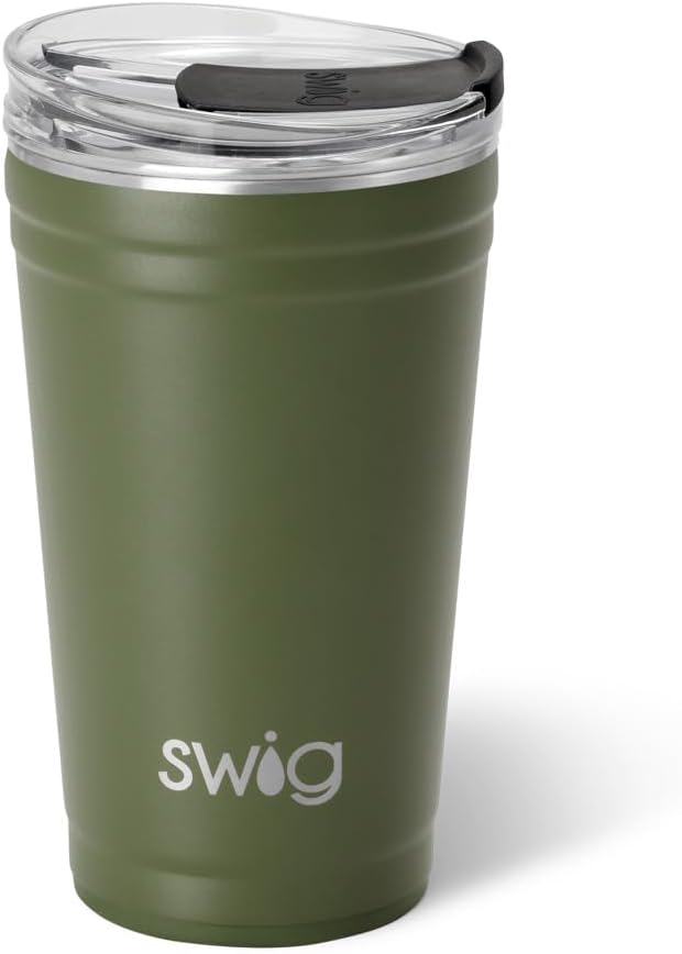 Swig Life 24oz Party Cup, Stackable Insulated Travel Coffee Tumbler with EZ Slider Lid, Cup Holder Friendly, Stainless Steel 24 oz Tumbler, Reusable Coffee Mug (Olive)