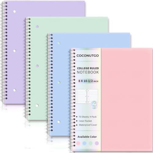 4 Pack Spiral Notebooks, 1 Subject College Ruled, 10.5 x 8 in, 70 Sheets Each, 3-Hole Punched Perforated Pages, Plastic Covers with Pockets, Silver Coil, Assorted Colors