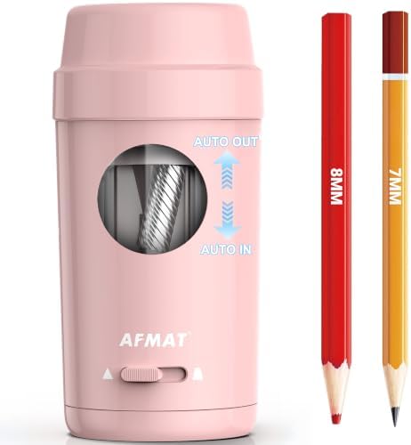 AFMAT Electric Pencil Sharpener, Auto in & Out, Fully Automatic Pencil Sharpener for Colored Pencils, Rechargeable Hands-Free Sharpeners for φ7-8mm Pencils, Good for Classroom/Home PSX8(Light Pink)