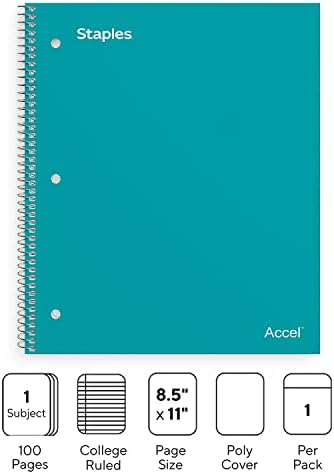 Staples Accel 1-Subject Notebook, 8.5x11 Inch, College Ruled, Teal, 3-Pk