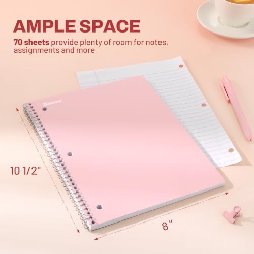 SUNEE Spiral Notebooks, 3 Pack, 1-Subject, College Ruled Paper, 8" x 10-1/2", 70 Sheets per Notebook, Pink