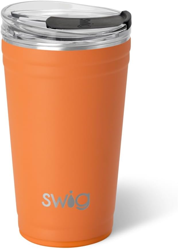 Swig Life 24oz Party Cup, Stackable Insulated Travel Coffee Tumbler with EZ Slider Lid, Cup Holder Friendly, Stainless Steel 24 oz Tumbler, Reusable Coffee Mug (Orange)
