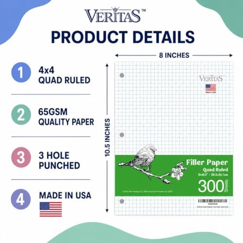 WritePads Graph Paper Loose Leaf Paper, 300 Sheets, 8 x 10.5 Inch 4x4 Quad Ruled Graphing Paper, 3 Hole Punched Filler Notebook Paper for 3 Ring Binders, 65 GSM, Made in USA