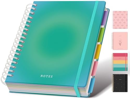 Hardcover Spiral Notebook Journal for Women & Men, Cute 5 Subject Notebook College Ruled for School & Work, Journaling Notebooks with Removable Dividers Tabs, 8" x 10", 300 Pages, Teal Gradient