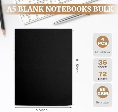 Esclane 4 Pack A5 Kraft Notebooks Bulk 72 Pages, 8.3x5.5 Inches Lined Paper Journaling Notebooks, Notebooks for Work, Composition Notebooks for School, Journal Notebooks for Office
