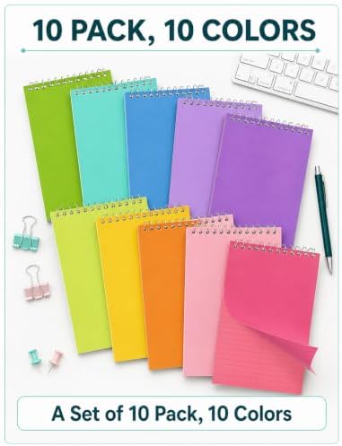 10 Pack Steno Pads 6 x 9, 10 Colors Paper Top Spiral Notebooks