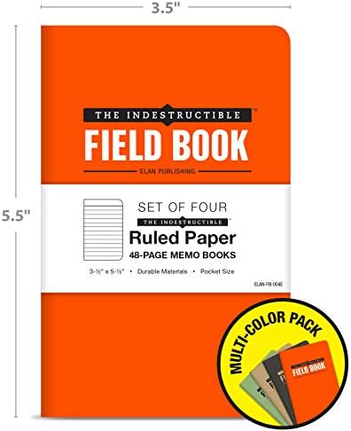 Elan Publishing Company The Indestructible, Waterproof, Tearproof, Weatherproof Field Notebook - 3.5"x5.5" - Combo Colors - Lined Memo Book - Pack of 4