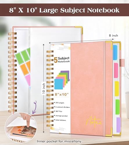5 Subject Blank Notebook with Removable Dividers Tabs, 300 Pages Hardcover Leather Sketch Book Spiral Journal, 8"x10" B5 Large Sketchbook Notebooks for Women Men Work School Sketching Drawing, Pink