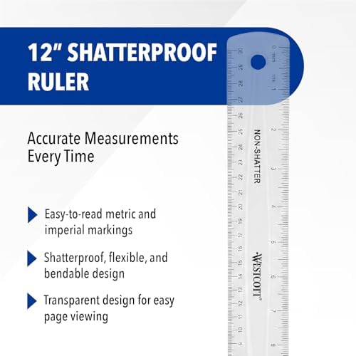 Westcott Shatterproof Ruler, Design with Easy-to-Read Markings, Back-to-Classroom, 12-Inch