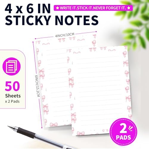 Lined Sticky Notes 4x6 in, 2 Pack Large Cute Notepads with Lines Self-Stick Note Pad, Funny Memo Pads Strong Adhesive for Office, Home Cute Pink Bowtie
