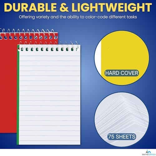 1InTheOffice Wirebound Spiral Memo Books, Memo Pads, 3" x 5", College Ruled, Small Notepad 3x5, Assorted, 75 Sheets/Pad, 25 Pads/Pack